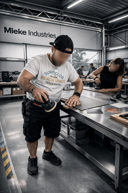Workshop scene with sanding and finishing work inside the Mieke Industries studio.